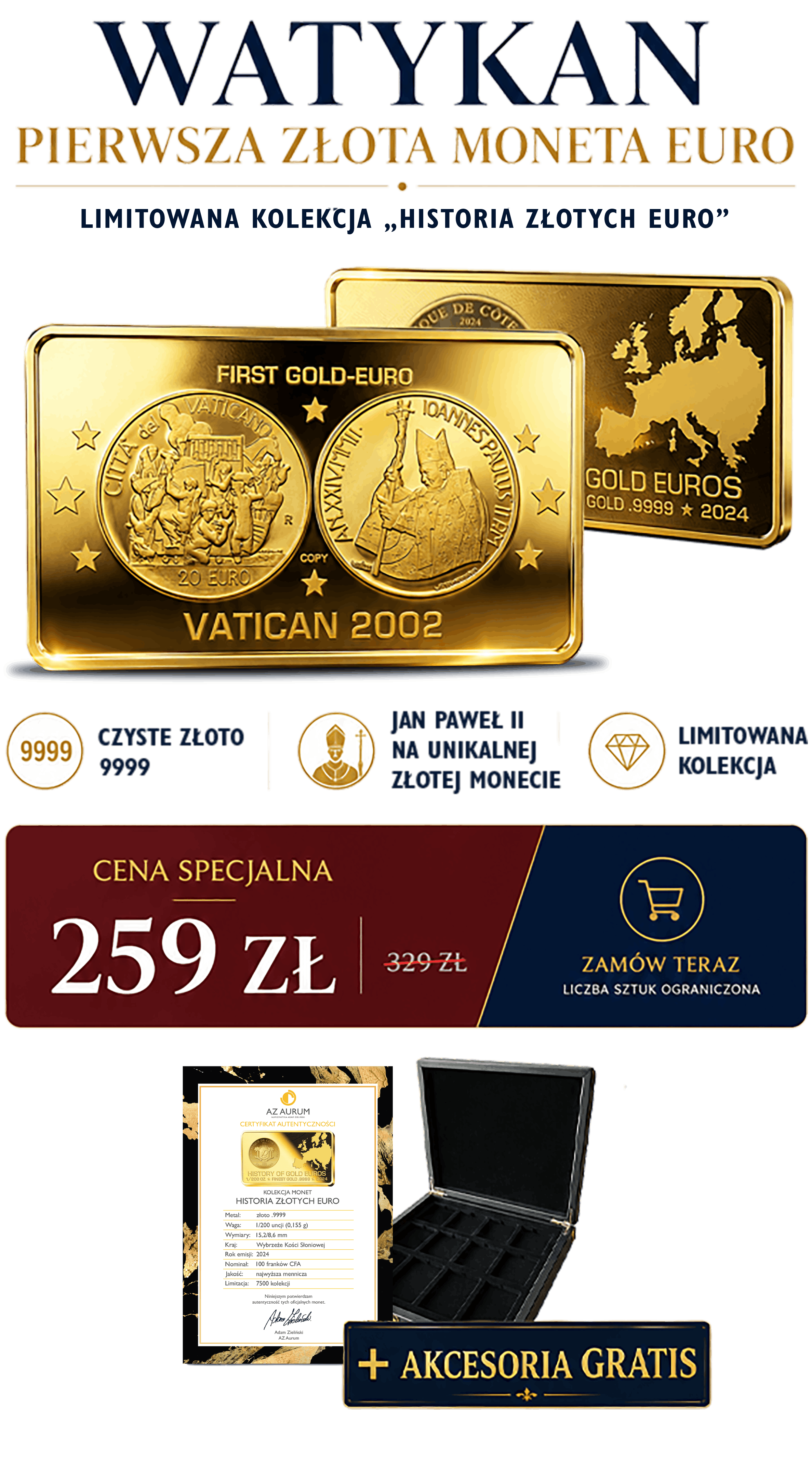 Watykan — pierwsza złota moneta Euro, kolekcja Historia Złotych Euro, cena specjalna 259 zł